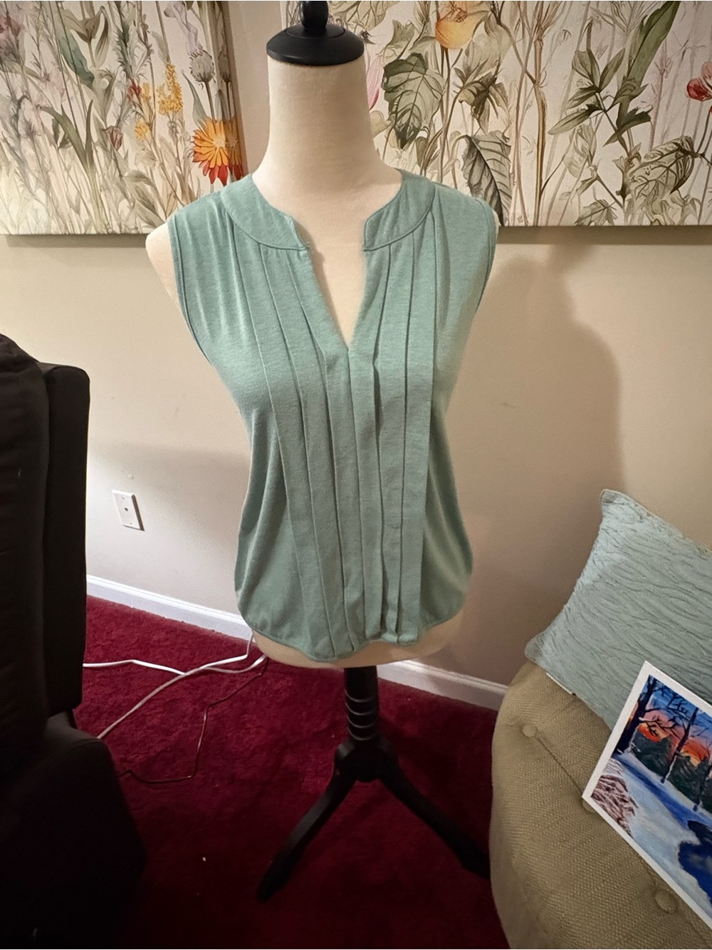 Sleeveless Pleated V-Neck Top in Sage Green